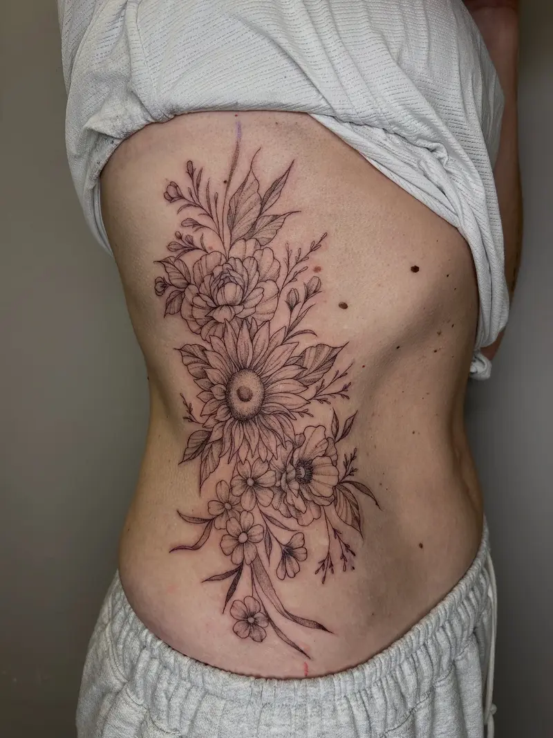 Flowers done recently. Appointments available in March and April! #sidetattoo #flowertattoo #sunflowertattoo…