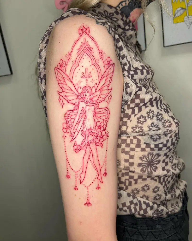 Fairy babe I did before my trip * * * #fairytattoo #fairyqueen #redtattoo #redinktattoo #decorativetattoo #jewels…