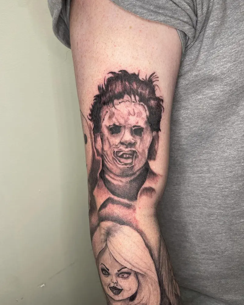 Not me with another caption saying how behind on posting I am 👀 * * * #leatherface #horrorsleeve #tattoosleeve…