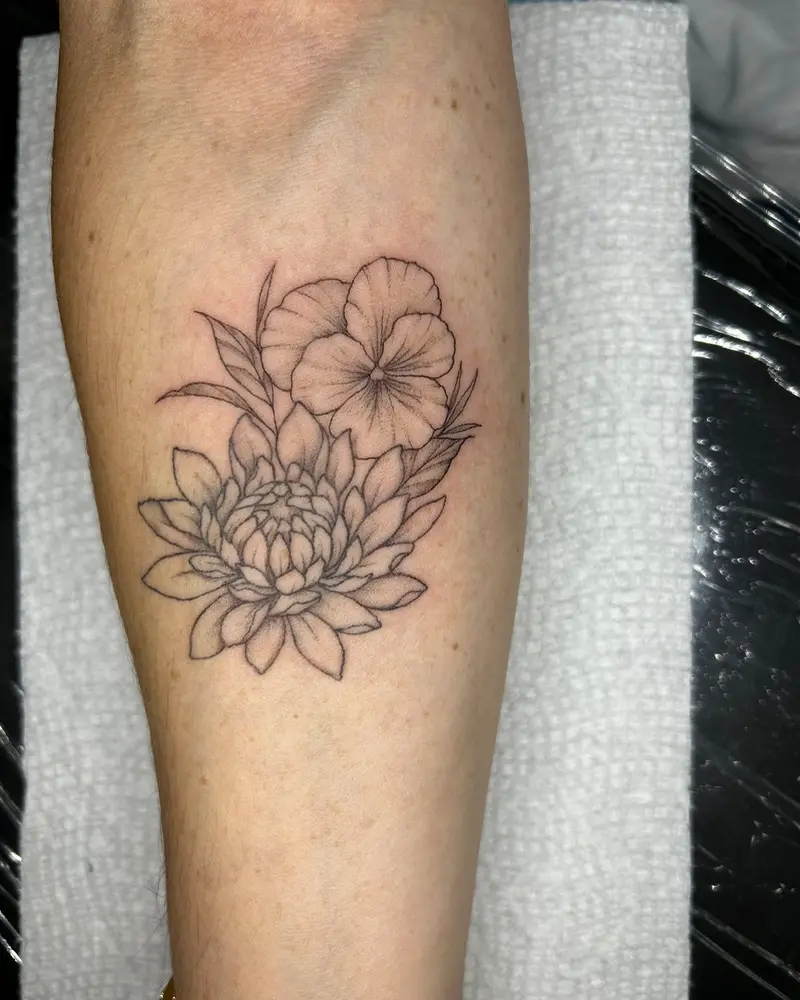 Some really cute birth flowers done recently 🥰 * * * #birthflowers #chrysanthemum #violet #birthmonthtattoo…