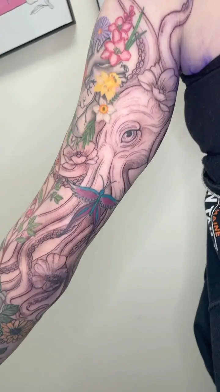 Big octopus to fill in the back of the arm. So happy with how this sleeve is turning out! * * * #tattoosleeve…