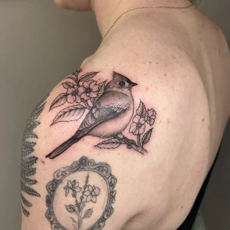Little cutie from the other day 🐦 * * * #birdtattoo #shouldertattoo #armsleeve #sleeve #blackandgreytattoo #nature…