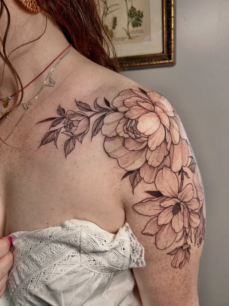 A fav from a while back that I have no idea why I haven’t posted yet ✨🥰 * * * #shouldertattoo #peonies #magnolia…
