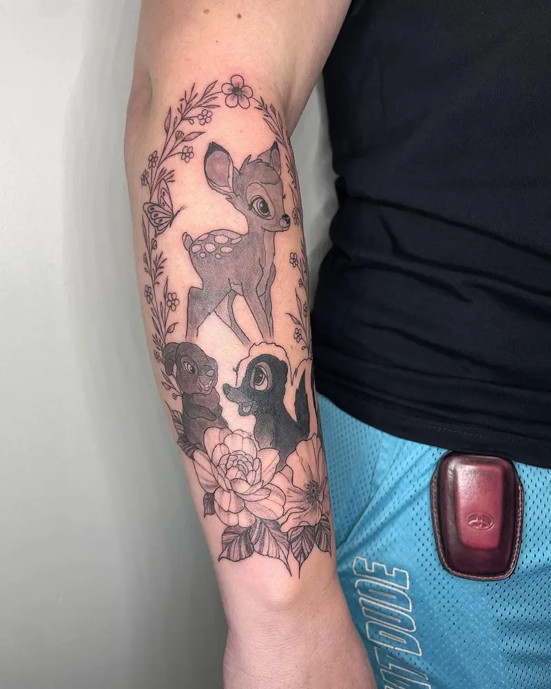Super fun Bambi tattoo from this past week! * * * #disneytattoo #bambitattoo #bambi #thumper #disney #disneyart…