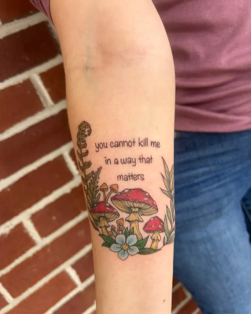 “You can’t kill me in a at that matters” 🍄 such a cool piece from a few weeks ago ☺️ * * * #mushroomtattoo…