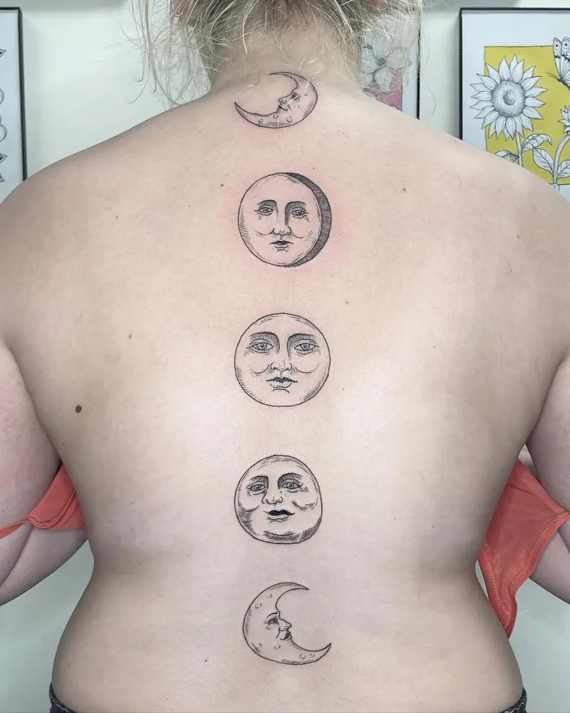 Man on the moon phases 🌝 * * * #moonphases #moonphasetattoo #backtattoo #spinetattoo #manonthemoon #moonfaces…
