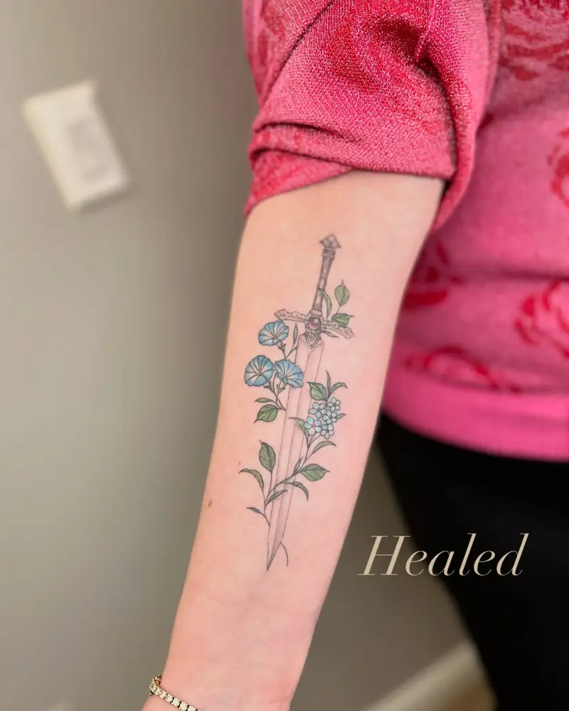 A little healed piece for the feed * * * #healedtattoo #daggertattoo #morningglories #colortattoo #healed…