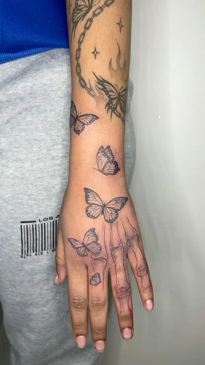 Butterflies and drawn on bones, a nice addition to the healed piece I did a few months ago * * * #butterflytattoo…