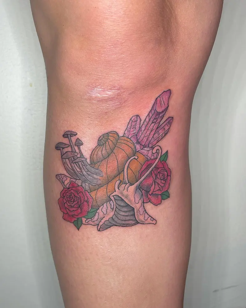 Snail buddy that I’ve been wanting to tattoo for a while! * * * #snailtattoo #colortattoo #roses #crystaltattoo…