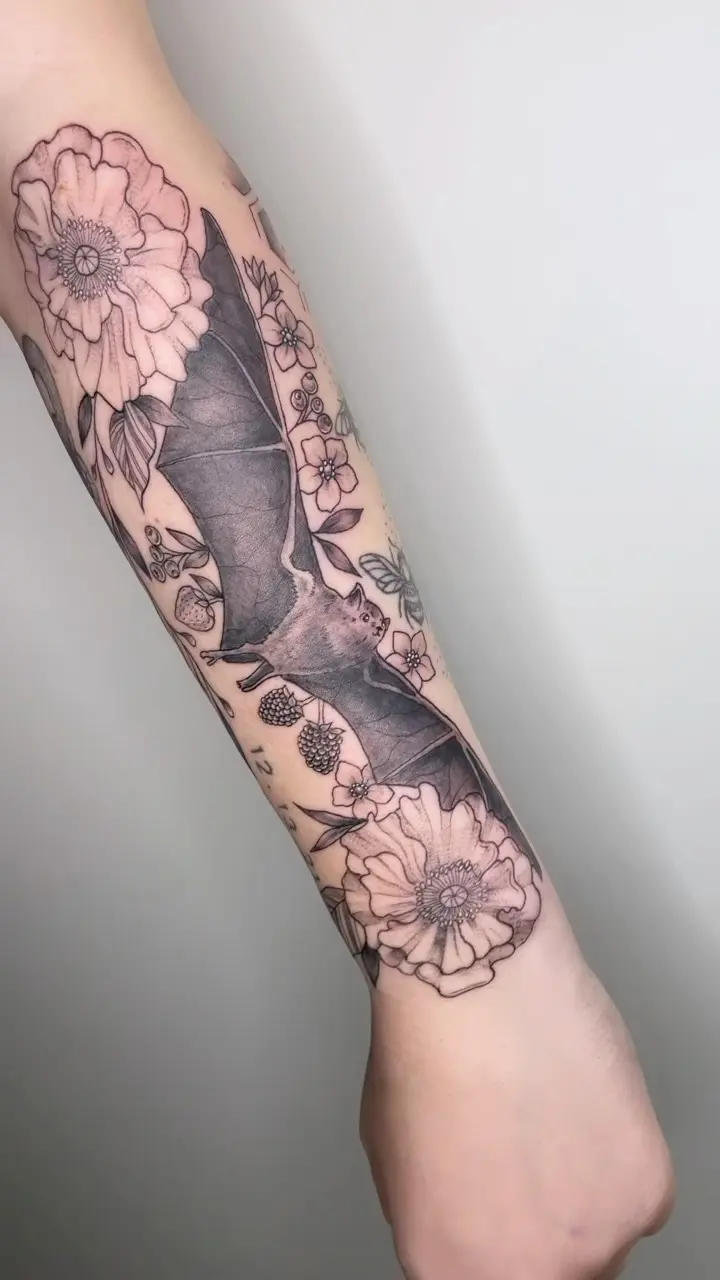 First session down on this half sleeve I started yesterday. (Snake tattoo not done by me) * * * #halfsleeve #battattoo…