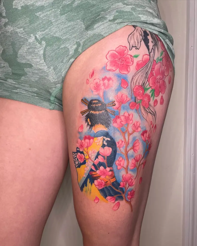 From the other day! * * * #japaneseinspired #paintinginspo #cherryblossom #cherryblossomtattoo #thightattoo #legtattoo…