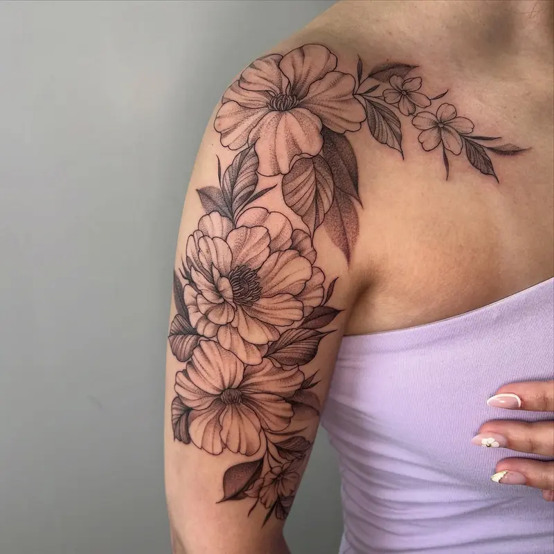 Swipe to see more angles 🥰#floraltattoo #halfsleeve #leaves #flowers #daintytattoo