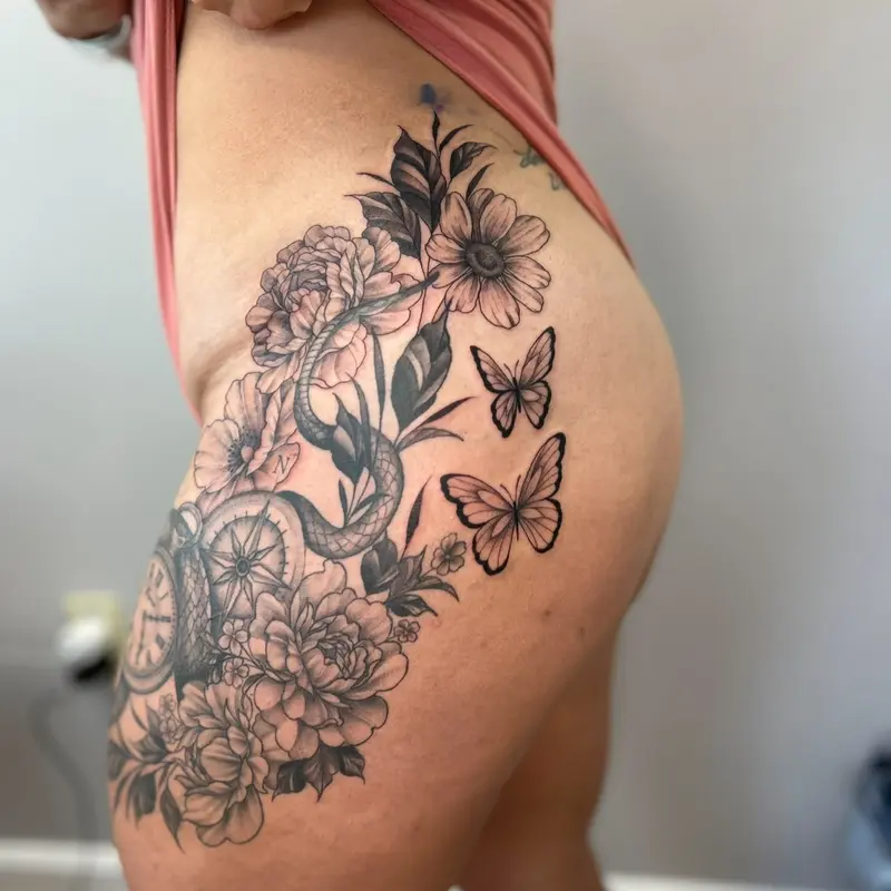 A little add on to a piece we did a few months ago. I love how it healed up and how it flows up her side #legtattoo…