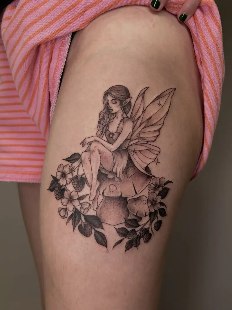 #fairytattoo #legtattoo #fantasytattoo #fairy #mushroomart