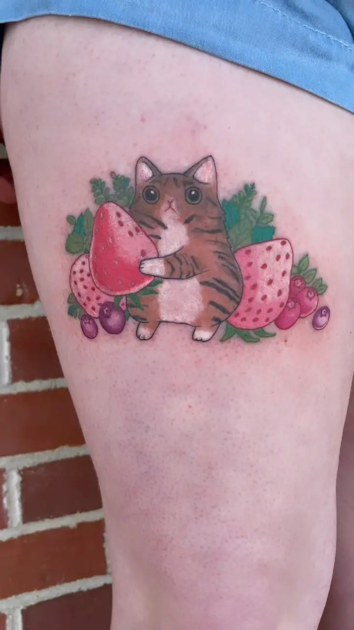 Cutie from last week * * * #cutetattoo #fullcortattoo #brighttattoo #cattattoo #fruittattoo #tattooedinstagram…