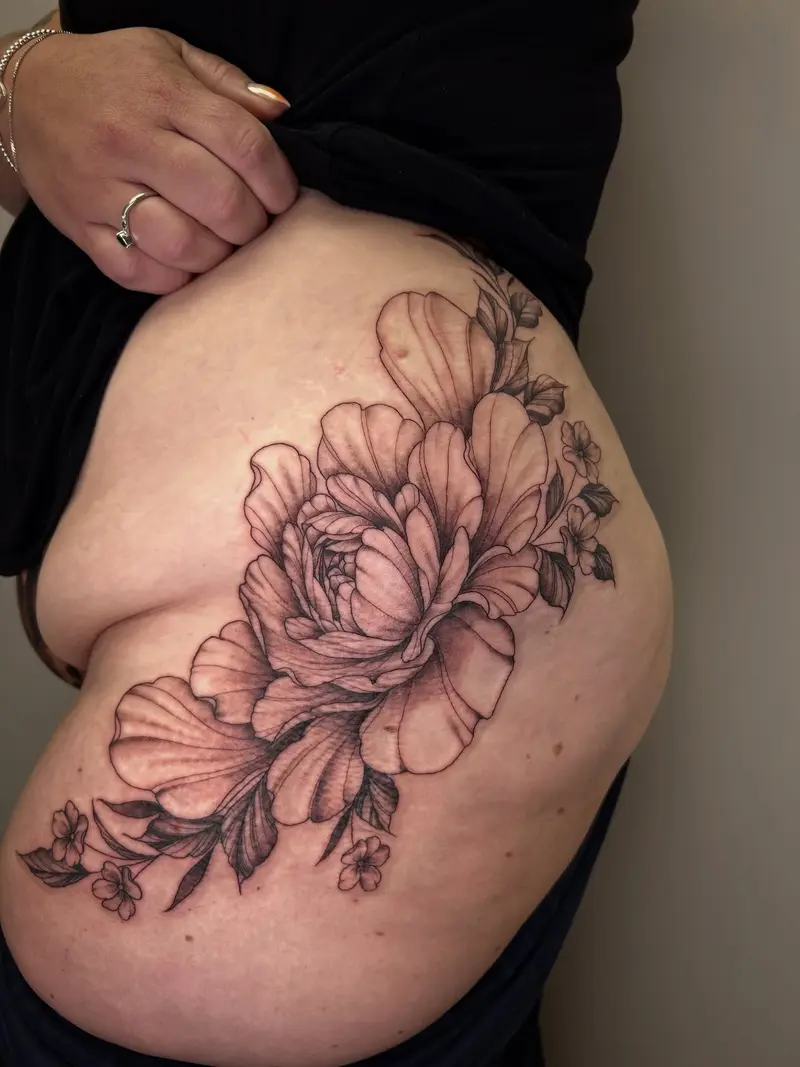 Love a good hip flower 😍😍🥰🥰 * * * #hiptattoo #peonytattoo #flowertattoo #illustrativetattoo #lineworktattoo…