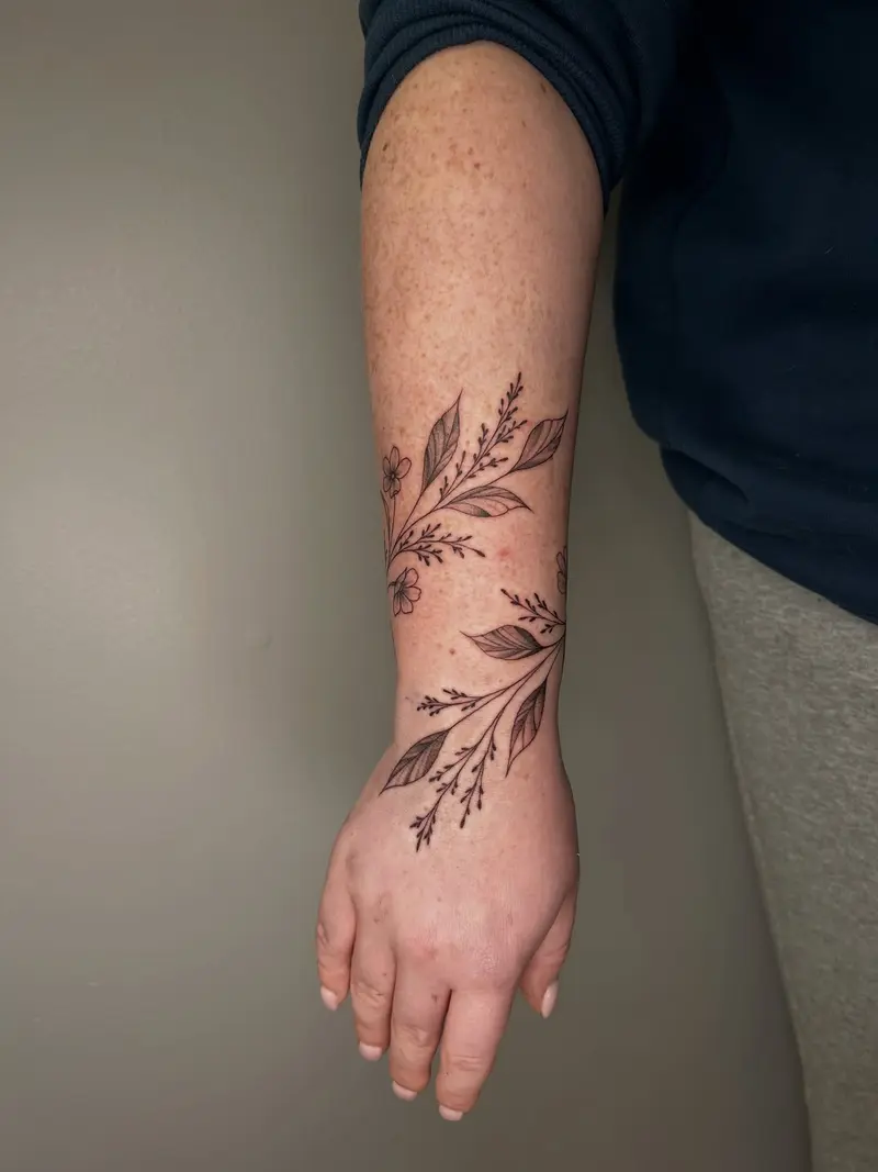 You all know I love a leafy wrap around 😍 and there’s also a little coverup in there too 🥰 #leavestattoo #vinetattoo…