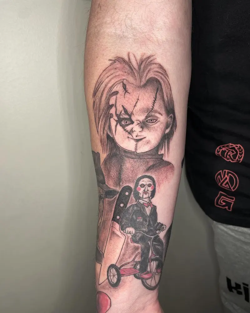 Added Chucky to the collection last week. Love how it’s coming along. * * * #horrorsleeve #horrortattoo #chuckytattoo…