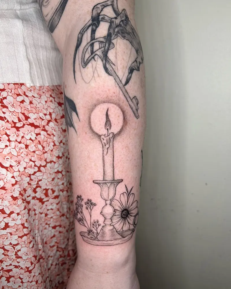 Added this the other day to start finishing up this sleeve project! * * * #candletattoo #candlestick #flame…