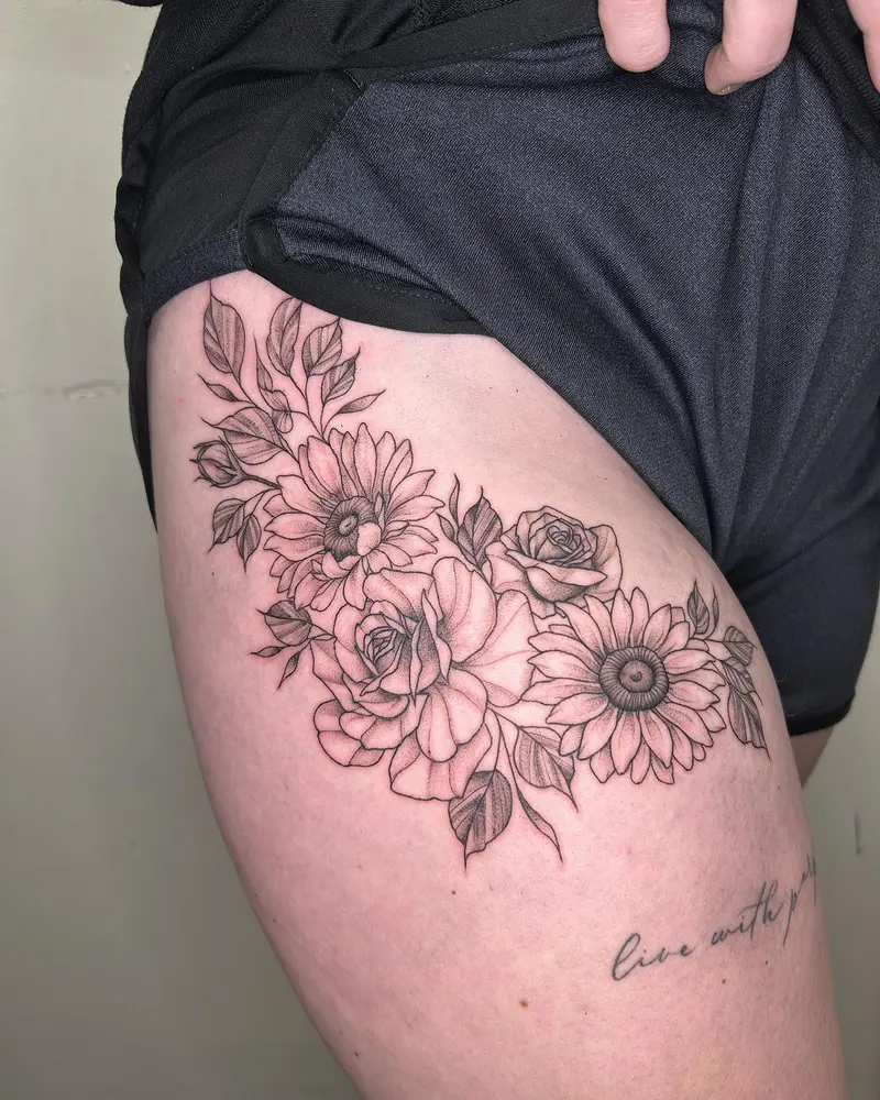 Some roses and sunflowers from the other day 🌻 * * * #sunflowers #rose #rosetattoo #sunflowertattoo #thightattoo…
