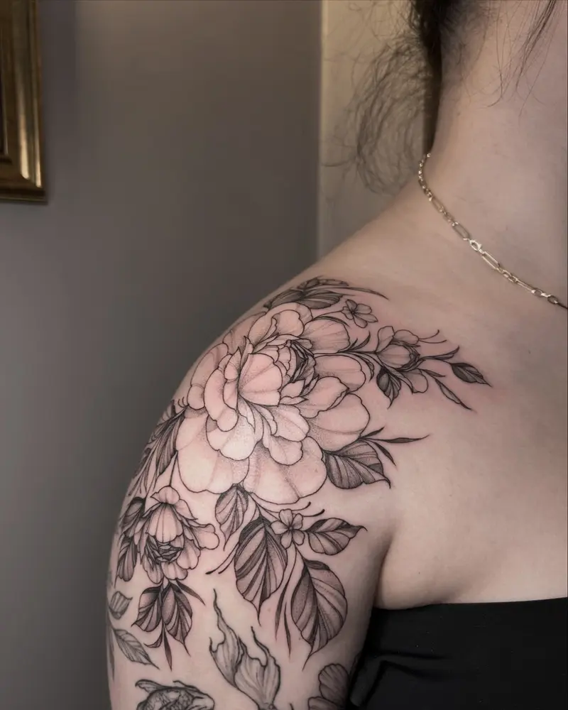 Some pretty flowers from today to start tying the sleeve together 😍 * * * * #peonytattoo #shouldertattoo…
