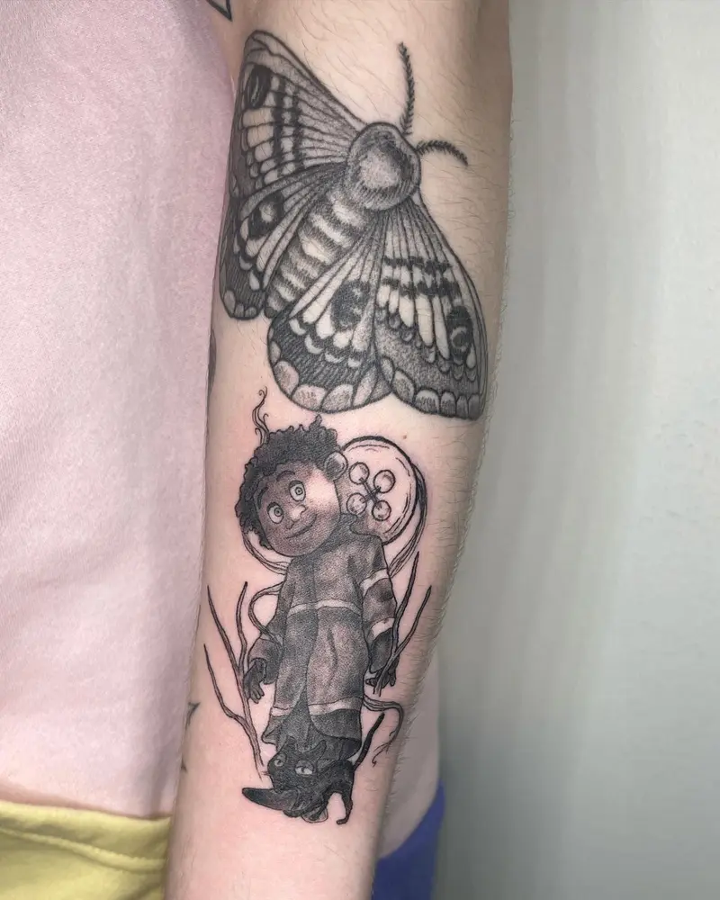 Wybie from Coraline under a healed moth I did a little while ago. Also swipe to see the healed Coraline I did probably…
