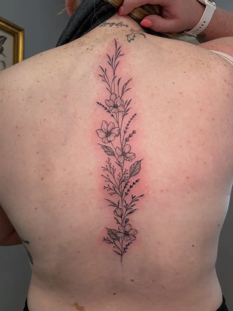 Spine floral piece from a couple months back 💐 * * * #backtattoo #wildflowers #backpiece #wildflowertattoo…