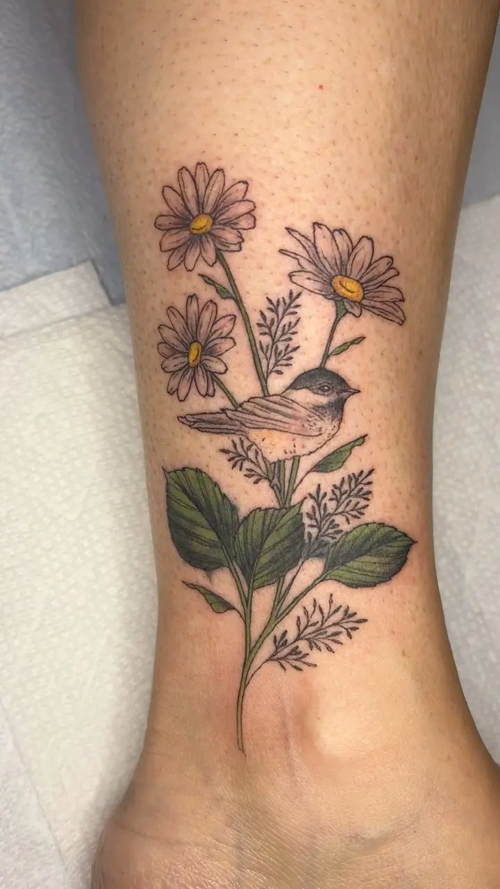 Fun little coverup from today! * * * #coveruptattoo #tattooedpeople #legtattoo #chickadee #daisies #coverup…