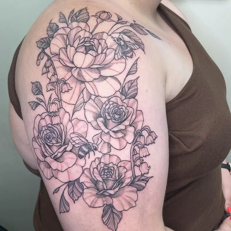 Some flowers from a while back! * * * #peonytattoos #beetattoo #bee #floraldesign #peonyflowers #lilyofthevalley…