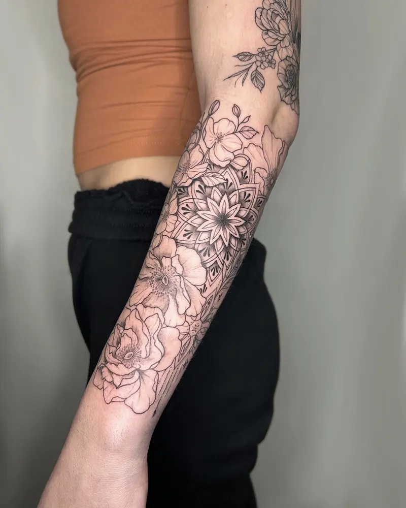 New sleeve project in progress 😍 I can’t wait to see this one all finished * * * #mandalatattoo mandala #linework…
