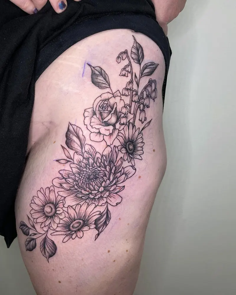 Fun thought piece from today 🌸😍 * * * #thightattoo #largetattoo #flowerthightattoo #birthmonthflowers…