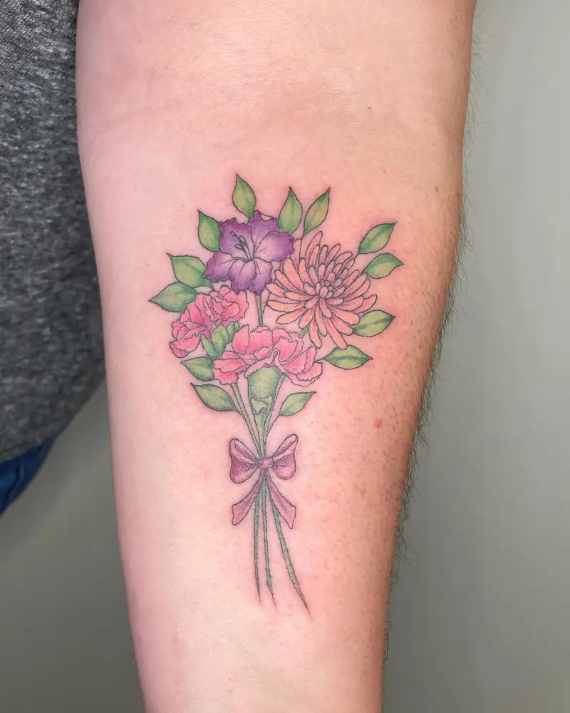 Birth flower bouquet from last week 💐 * * * #coloredtattoo #colorfulflowers #tattooideas #tattooinspo #carnation…