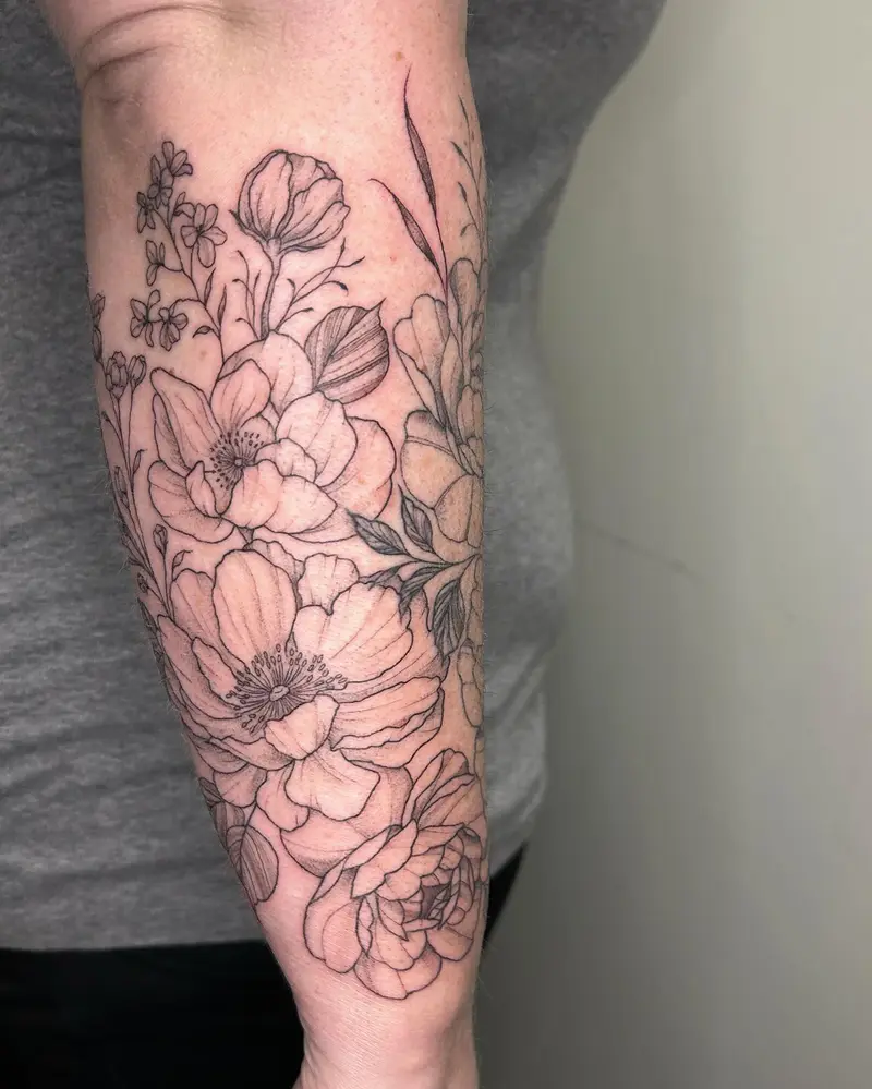 Some pretty flowers to finish off this half sleeve, next up is the upper arm 😍 * * ‘ #floraltattooideas #flowerideas…