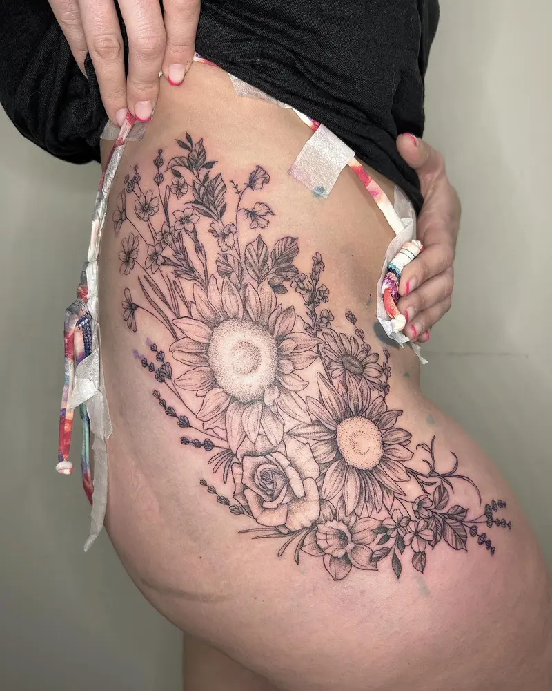 Hip piece I couldn’t wait to post 😍 * * * #hiptattoo #floraltattoo #sunflowertattoo #birthflowers #wildflowertattoo…