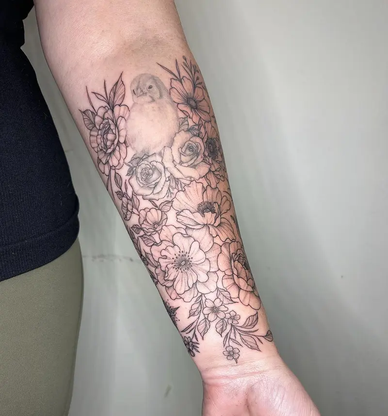 Swipe to see more angles 😍 I can’t wait to see this sleeve come together! * * * #sleevetattoo #flowers #peonies…