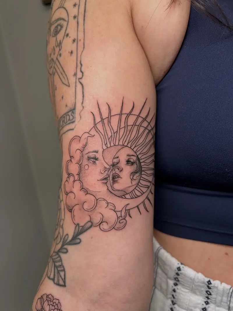 A cute sun and moon lovers design from a while ago. Part of a sleeve in progress * * * #sunandmoontattoo #sleevetattoo…