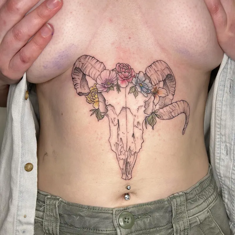 Fine line stomach piece from a couple weeks ago! * * * #skulltattoo #stomachtattoo #colorflowers #colortattooartist…