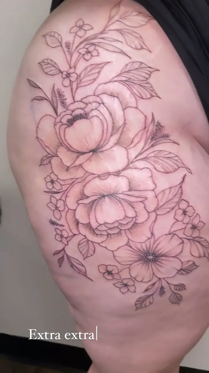 I love doing these fine line floral designs. Black and grey or color, I love them all. I’d love to start doing more…