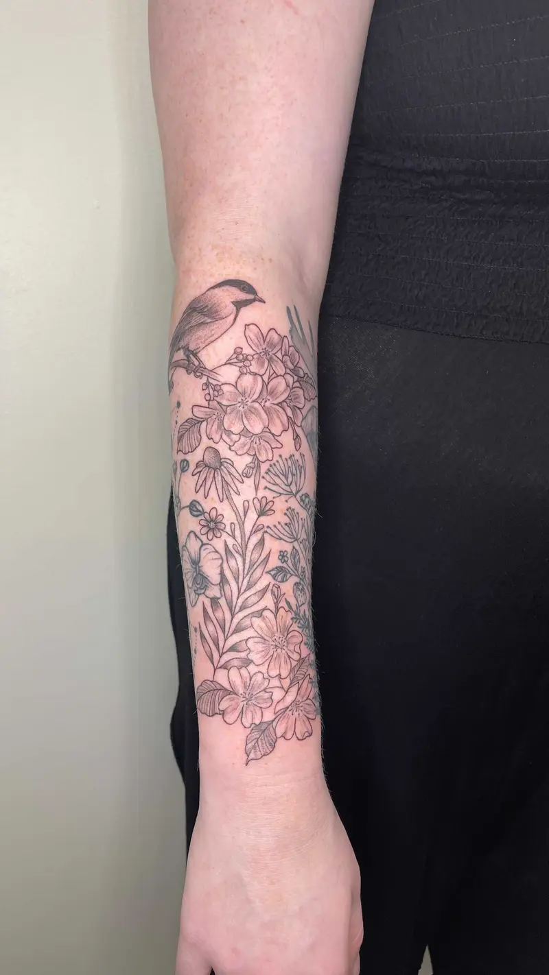 Progress shot of this sleeve we’re working on! * * * #wildflowers #wildflowertattoo #massachusettsoutdoors #outdoors…