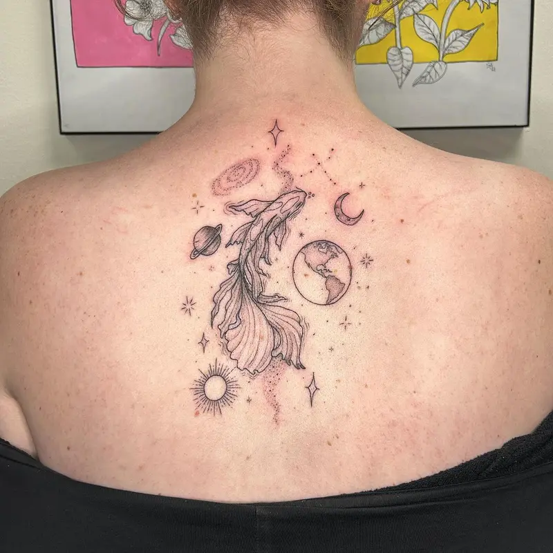 Koi fish in space from a little while ago * * * #koifishtattoo #spacetattoo #galaxytattoo #backtattoo #sunmoon…